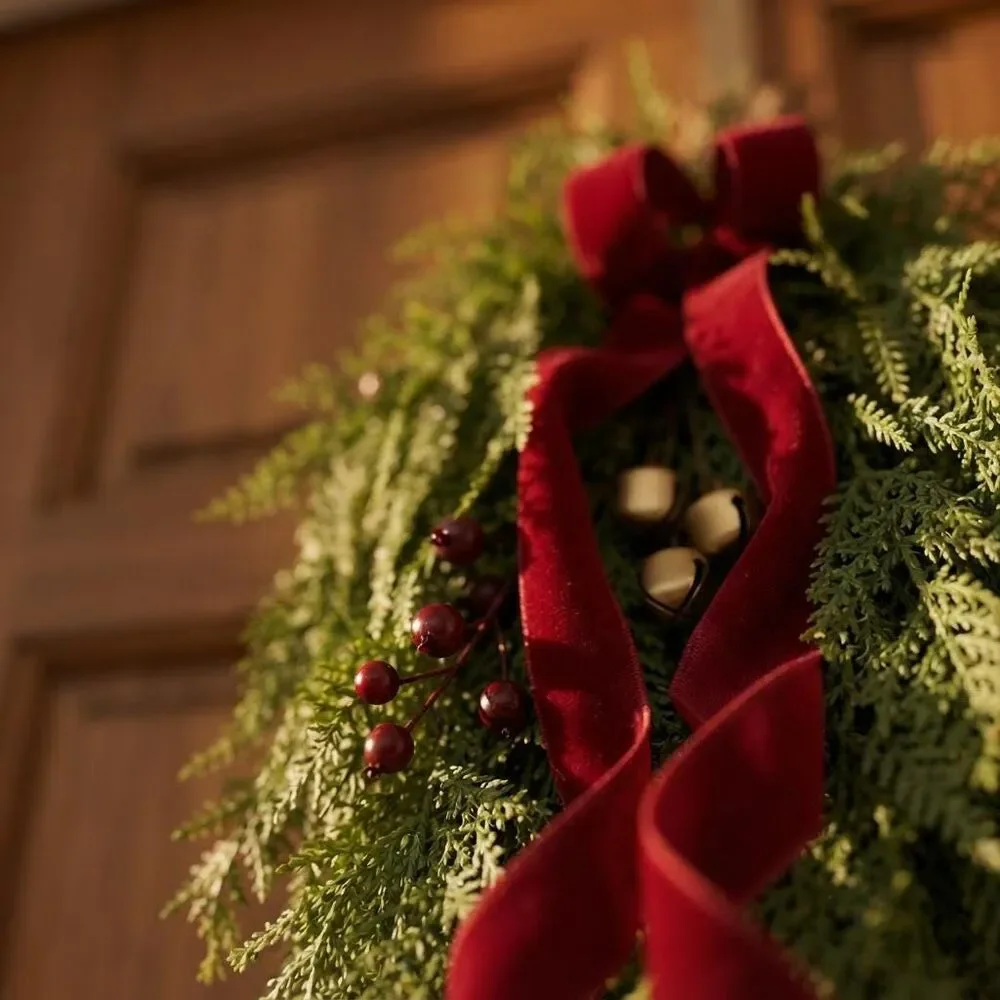 Traditional Christmas Teardrop Swag | Red Velvet Bow, Berries,, Gold Bells